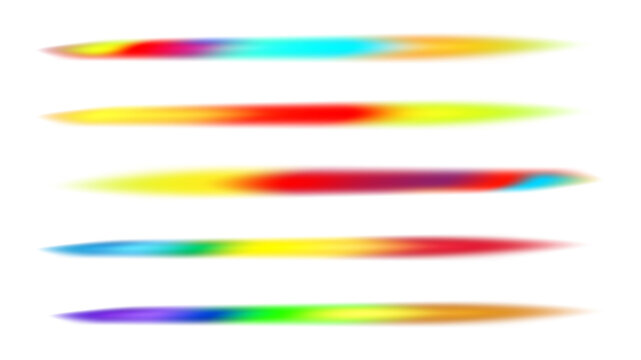 Abstract rainbow light leak rays set isolated on transparent background. Vibrant neon colorful prism horizontal flares bundle with grain texture. Iridescent futuristic backdrop design elements PNG.