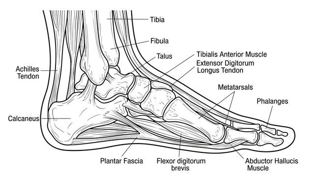Detailed Lateral View of Human Foot Anatomy with Labeled Bones and Tendons.