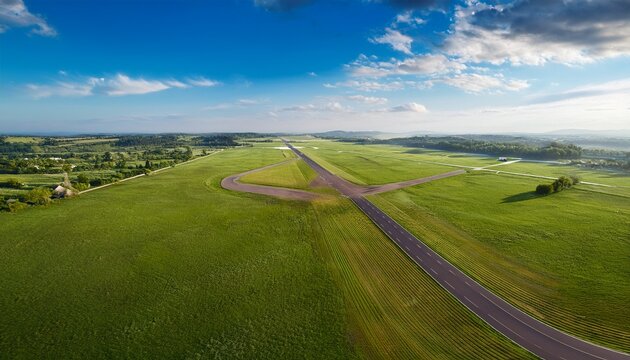 aerial view of a scenic rural airfield with grass runway and takeoff lane under sunny sky