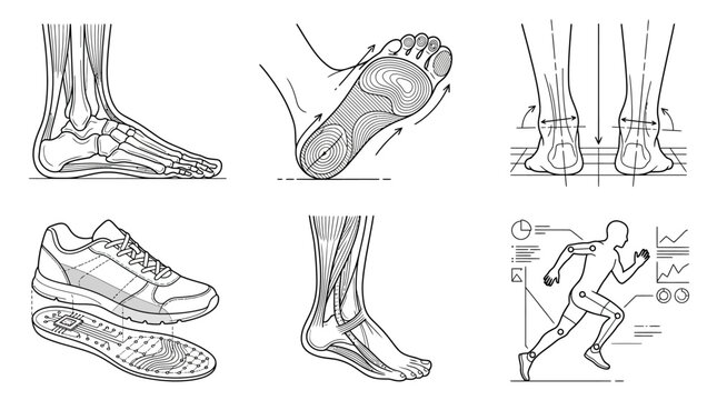 Detailed Orthopedic Foot and Ankle Anatomy with Running Shoe and Biomechanics.