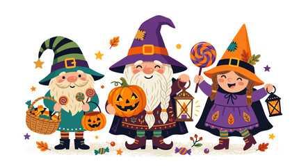 Naklejka premium Three charming Halloween gnomes in festive costumes with pumpkins, sweet candy, and spooky lanterns, ready for trick-or-treating and autumn celebrations