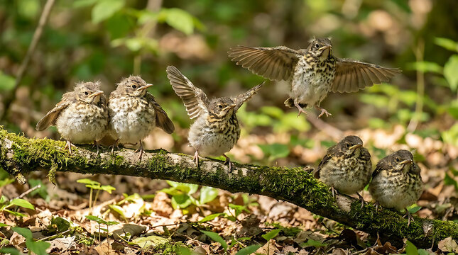 Group of Young Songbird Fledglings Learning to Take Flight on a Forest Branch