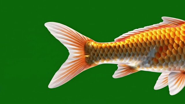 Vibrant orange and white Koi fish swimming against a green background. Detailed Nishikigoi with elegant fins, perfect for zen pond compositing.