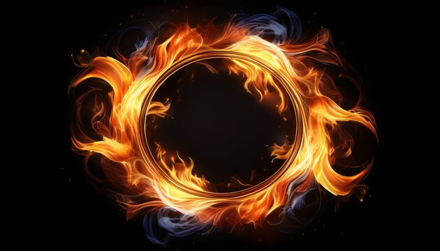 circular frame of burning flames in fiery circle shape on isolated black background