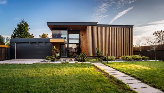 luxurious modern cubic house with wooden cladding and black panel walls front yard landscaping