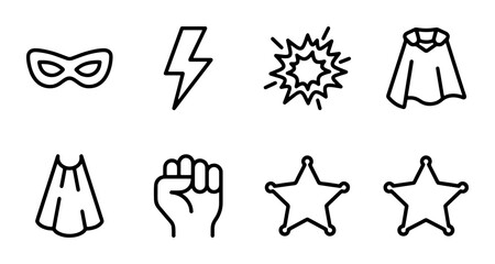 Superhero Icons Set: Mask, Lightning Bolt, Explosion, Cape, Fist, Stars, Vector Graphics © Sumaiya