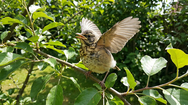A small fledgling bird stretches its wings on a vibrant green tree branch, preparing for its momentous first flight into the bright, sunlit natural world