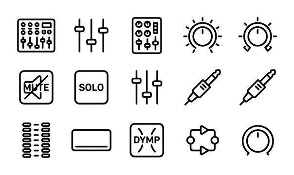 Audio Mixer Icons Set, Sound Engineering Symbols, Music Production Equipment Vector Graphics