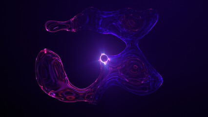 Radiant violet core with floating liquid fragments. Glossy magenta and indigo shapes orbit glowing center. Digital energy core of computational scientific technology. Abstract plasma background. ©  Seamless Loop