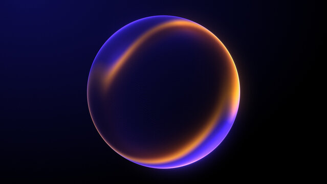 Shiny energy plasma particles orb on dark minimalitic business background. Gradient neon flowing magic sphere with purple and blue shiny waveforms. Abstract digital graphic illustration.
