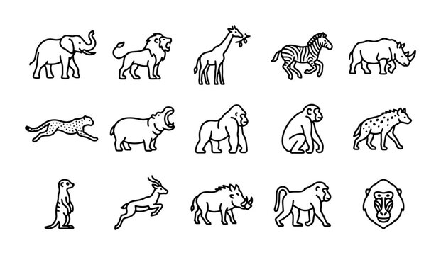 African Wildlife Icon Set: Safari Animals, Zoo Creatures, Nature Illustrations
