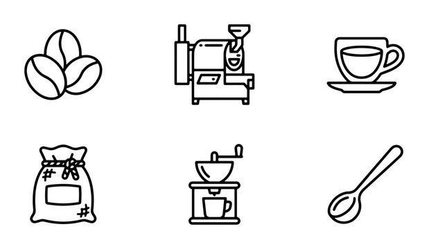 Coffee Icons Set: Beans, Roaster, Cup, Bag, Grinder, Spoon, Line Art Graphics