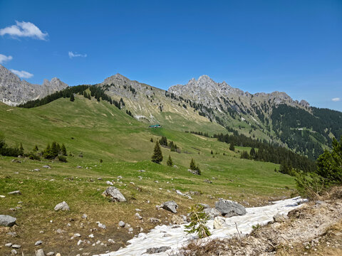 Austria, Towering mountain rocks above green meadows conifers and bright lingering alpine snow fields on hahnenkamm