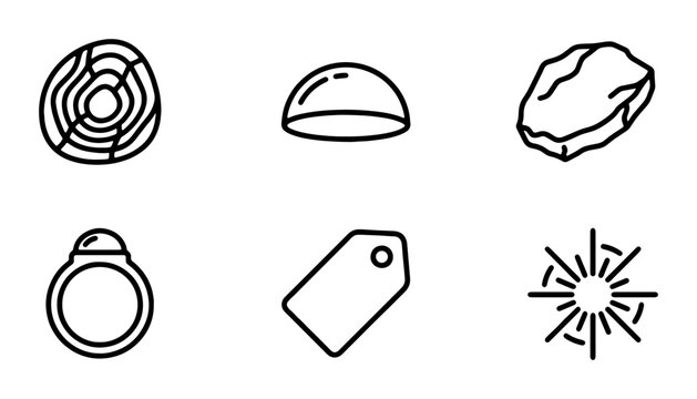 Set of 6 Simple Line Icons: Gemstone, Ring, Tag, Rock, Lens, Starburst