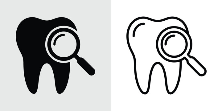 Dental checkup icon, tooth with magnifying glass symbol, vector illustration