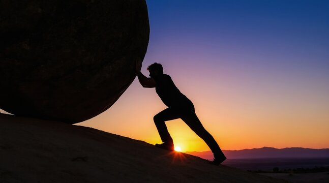 Man silhouette pushes large boulder uphill against sunset sky. Person exerts great effort to move heavy stone on slope. Struggle, perseverance, goal achievement, overcome challenges, hard work.