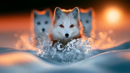 Fototapeta premium Majestic Arctic Foxes Running Through a Snowy Valley Under a Soft Glow of Sunrise in Winter Wonderland