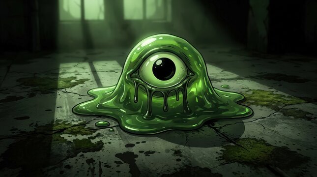 Gooey Green Puddle Monster with One Giant Eye
