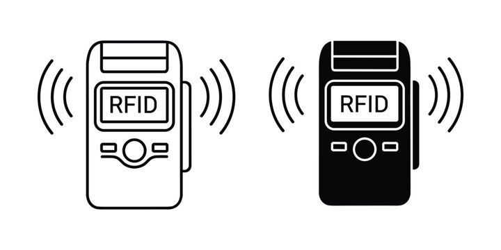 RFID reader device transmitting wireless data signal in white and black outline on isolated background