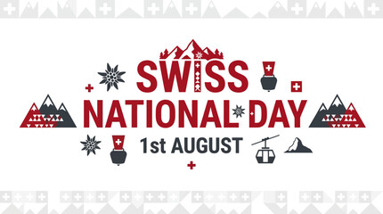 Swiss National Day 1st August Celebration with Mountains, Swiss Cross, and Cable Car Icons © sumi ari