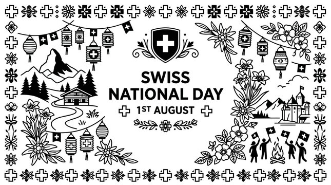 Swiss National Day Celebration - 1st August Hand Drawn Design