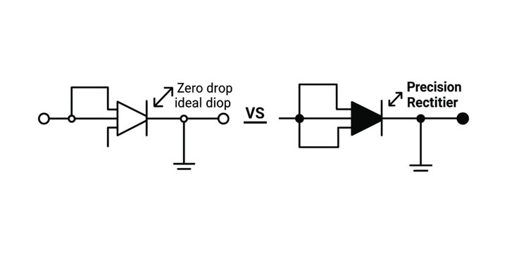 Electrical circuit diagrams comparing an ideal diode with a precision rectifier on a white background