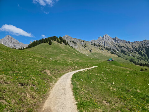 Austria, Charming alpine hiking trail leading toward traditional berghuette alm beneath towering rocks and magnificent mountain scenery
