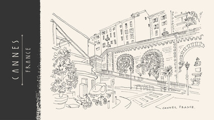 Fototapeta premium French Riviera retro postcard. Cannes, France ink pen sketch. Cannes Film Festival city drawing. Mediterranean retro vector illustration. Vintage architecture travel poster. European hand drawn bg