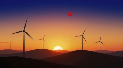 Obraz premium Wind turbines on hills during vibrant sunset with colorful sky gradient. Rural landscape with clean energy generation at dusk. Futuristic scene for nature and power concepts.