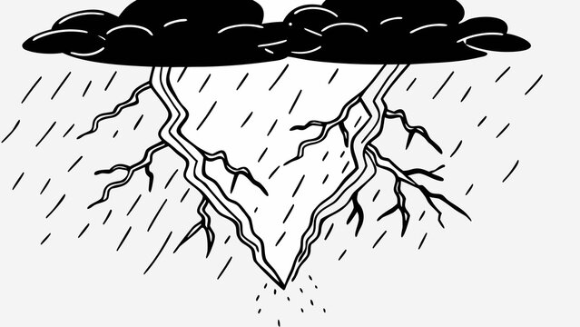 Illustration of a v shaped lightning bolt strike during a rainstorm with dark clouds lightning thunderstorm electricity monochrome illustration environment meteorology precipitation abstract