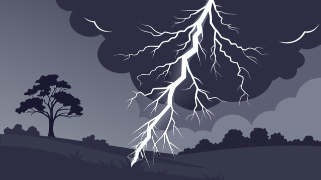 Landscape illustration of a bright lightning bolt striking down during a stormy night with dark clouds and a silhouette tree lightning thunderstorm landscape electricity dramatic illustration