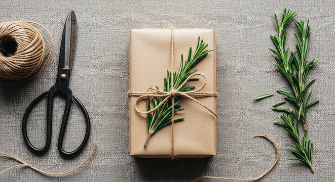 Kraft paper gift box with rosemary and twine, next to scissors. Rustic, natural presentation, symbolizing handmade, thoughtful gifts.