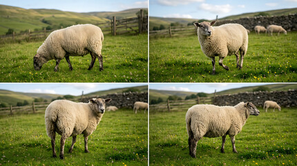 Fototapeta premium Four separate outdoor shots capturing the tranquil essence of sheep grazing and standing in a vibrant green pasture, set against stone walls and rolling hills