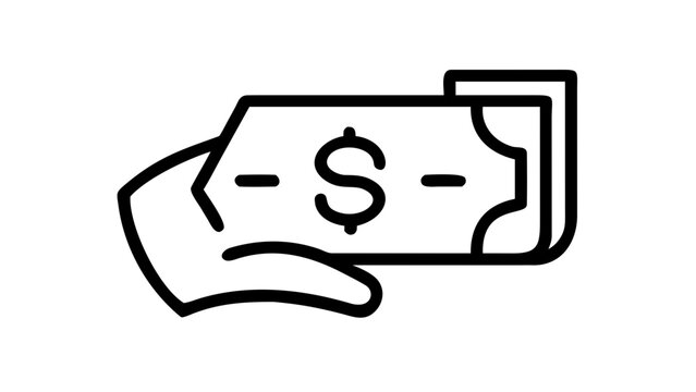 Black and white outline icon representing a human hand holding a us dollar banknote with currency business banknote transaction illustration monochrome isolated background investment purchase