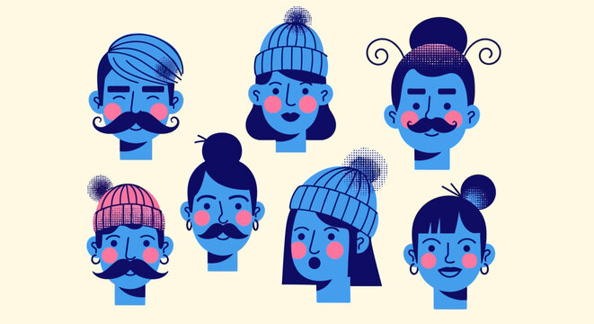 Stylized illustrations of diverse people faces with various expressions and styles