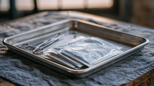 Piercing studio sterile setup on a steel tray showing sealed needle packets, forceps, and a titanium implant-grade earring, professional body piercing preparation, hygienic