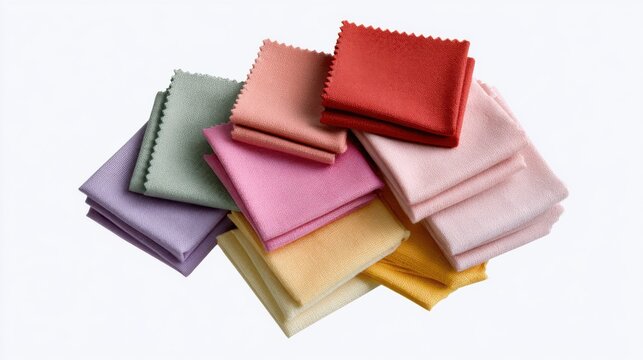Pastel fabric swatches stacked neatly, layered squares of satin and silk in muted blush, lilac, mint and peach tones for interior design and craft projects, studiolit on white background conveying