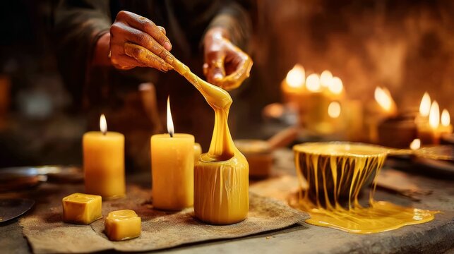 Hand Dipping Artisanal Beeswax Candles in a Warm Workshop Setting with Soft Ambient Lighting