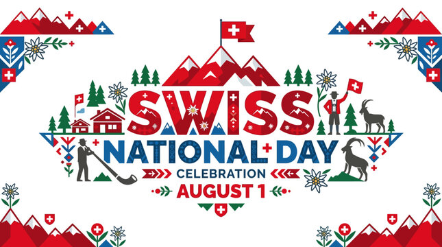 Swiss National Day Celebration August 1: Mountains, Flag, Alphorn, Goat, Edelweiss Illustration
