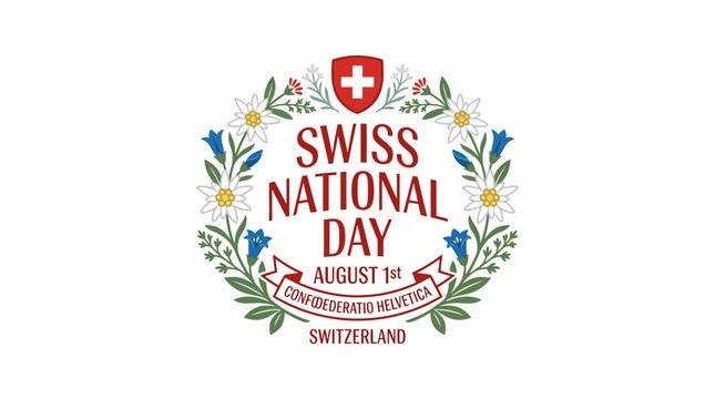 Swiss National Day Celebration Emblem with Flowers and Swiss Flag