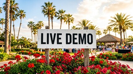 Fototapeta premium Live Demo sign rises above colorful flower beds and tall palm trees in a sunny park, suggesting public events, outdoor presentations, and promotional messaging in a landscaped setting.