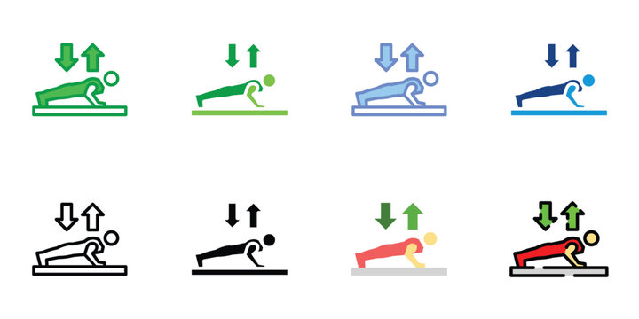 Push Up Exercise Icon Set Vector Illustration in Flat and Line Style for Fitness Training and Workout Activity