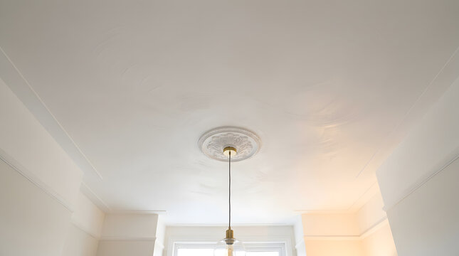 Modern pendant light hanging from ornate plaster ceiling rose | Victorian style architectural details with white cornicing and molding | Home renovation and interior design concepts | Minimalist room