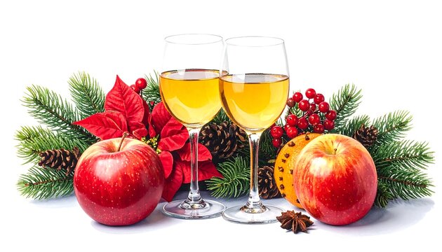 Two glasses of amber-colored liquid with festive holiday d?cor of red apples, evergreens, poinsettias, berries, and ornaments
