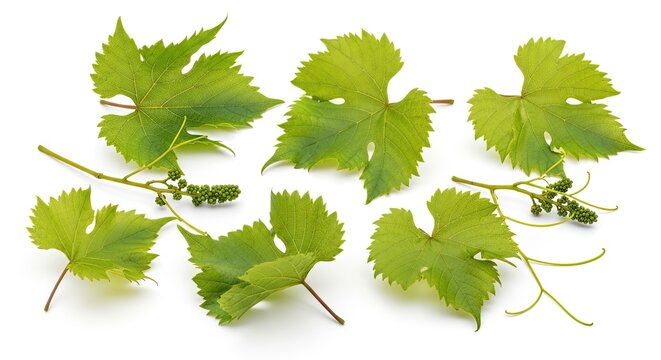 A collection of green grape leaves are arranged on a white background. The leaves exhibit a palmate shape with serrated edges and small buds.