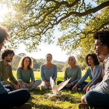 Diverse group of people sitting in a circle outdoors in nature with a white dove.