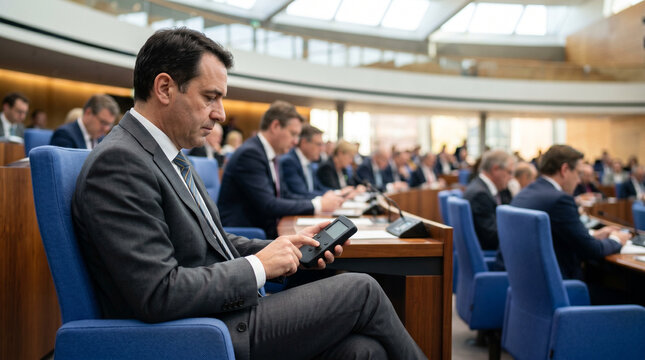 Parliament member using electronic voting device during legislative session in parliament chamber