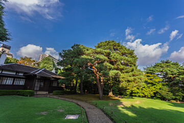 Fototapeta premium Traditional Japanese house and beautiful pine trees in Tonogayato Gardens September 2023