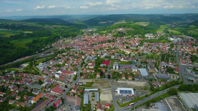 Aerial view beside the old town and city of Kronach, in Germany on a sunny day in spring