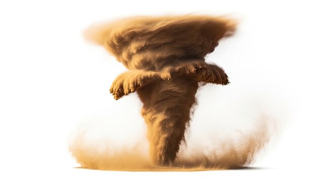 A swirling dust tornado rises dramatically against a stark white background. The dust cloud is a rich, earthy brown, with a distinct central funnel and spreading tendrils.